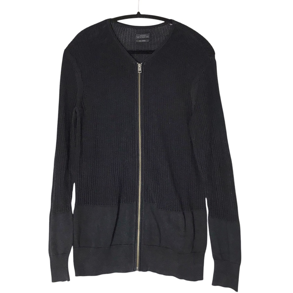 All Saints Deft Cardigan Black Full Zip Mesh Cotton Webbed Sweater Men's Small